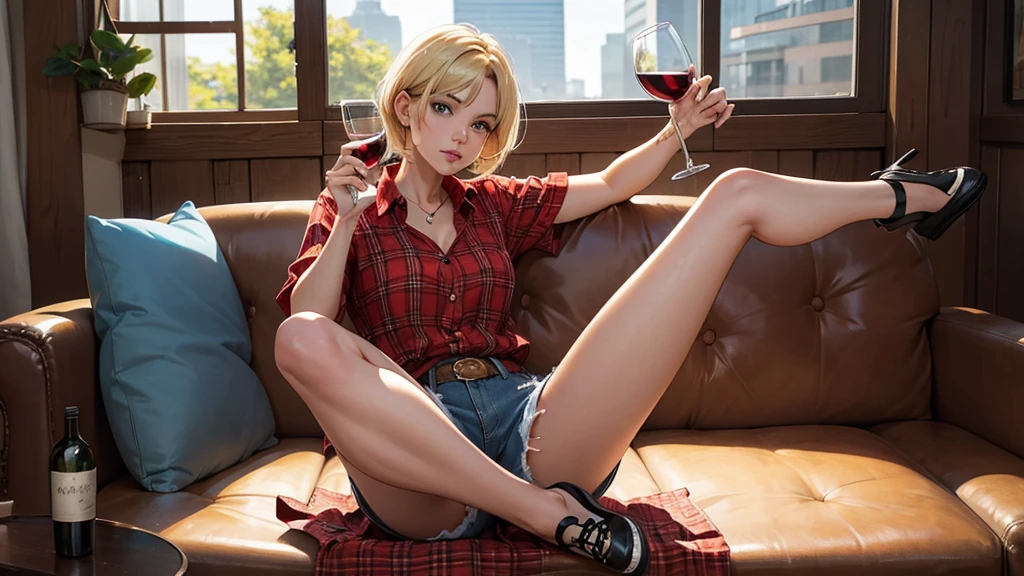 a 50-year-old woman with short hair and blonde highlights, sitting sideways with legs up wearing denim shorts and a red plaid blouse and holding a glass of wine, shoe. Full-body image