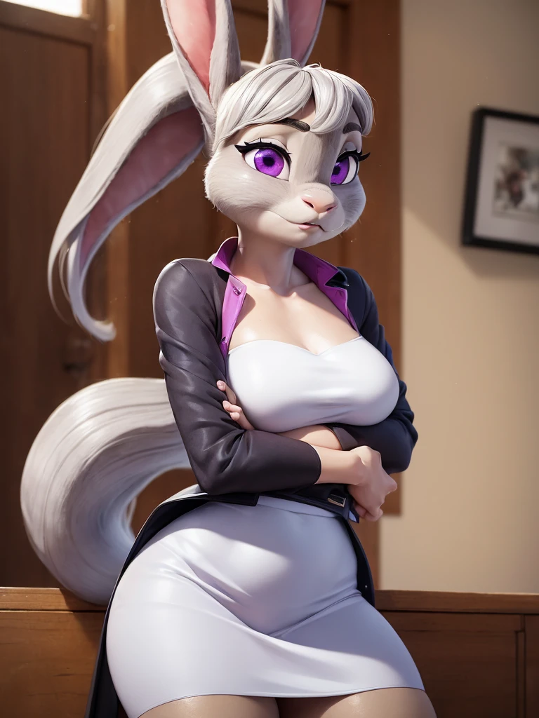 best quality,
masterpiece,
3D anime,
(((solo))),
(((1girl))),
((Face is JudyHopps)),
(long ears like a rabbit:0.8),
Heir is in a black ponytail style,
Her eye color is purple,
Body is human lady,
She is a new employee,
Hers outfit is a white blouse,
jaket is none,
(She is wearing a black skirt:1.2),
(the suit is made of wool:1.4),
((skin is silver with fluffy and fluffy)),
(portrait view),
In the background there is office,
((She is embarrassed and her cheeks are red)),
((she is taking off her blouse)),
((her clothes are exposed))