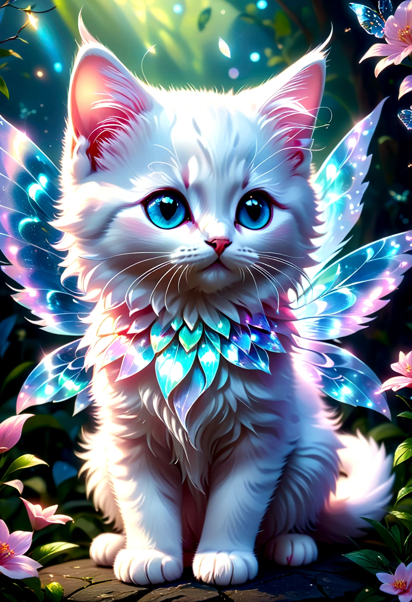 masterpiece, best quality, 8K, High Detail, Ultra Detailed, A cute kitten, Light Blue,Gorgeous holographic design, Light pink and white, Almost perfect,With fairy transparent colored wings