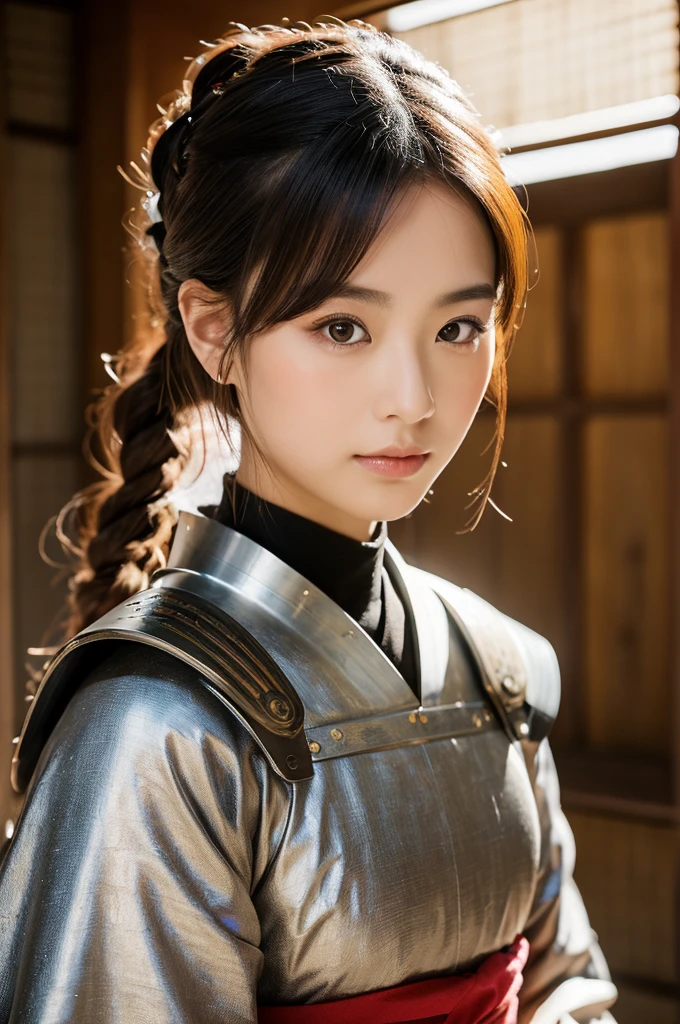 Medieval Japan, (8K, Raw-Foto, best quality, masterpiece:1.2),(realisti, foto realisti:1.4),(Hochdetailliertes CG Unity 8K-Hintergrundbild),(round face: 1.5), (detailed student:1.3),beautiful woman ,(boy, but very beautiful 25-year-old Korean, whole upper body, medieval Japanese estate, dressed in samurai armor, Cool eyes, relaxed look, , Looking forward,looking at the camera,Unforgettable eyes,The eyes are so beautiful.) samurai armoury
