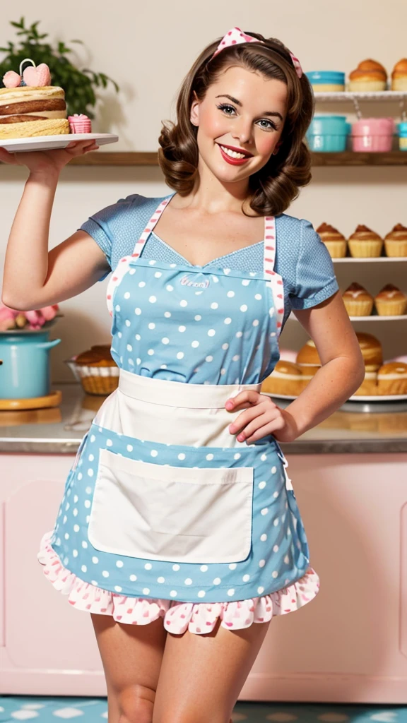 photo of a brunette pinup holding a cake in an apron in pinup style beautiful smile kisses the air beautiful bakery bright light colors pastel mini skirt with polka dots posing in pinup style flirting