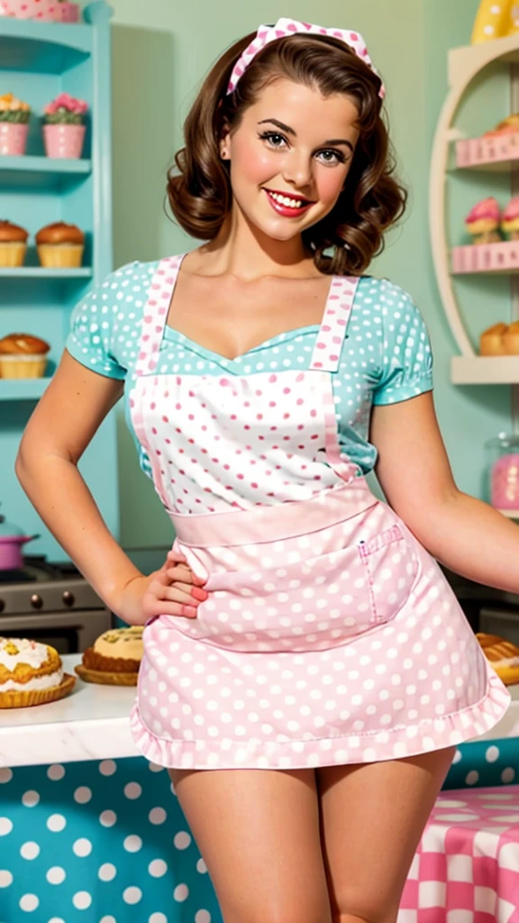 photo of a brunette pinup holding a cake in an apron in pinup style beautiful smile kisses the air beautiful bakery bright light colors pastel mini skirt with polka dots posing in pinup style flirting