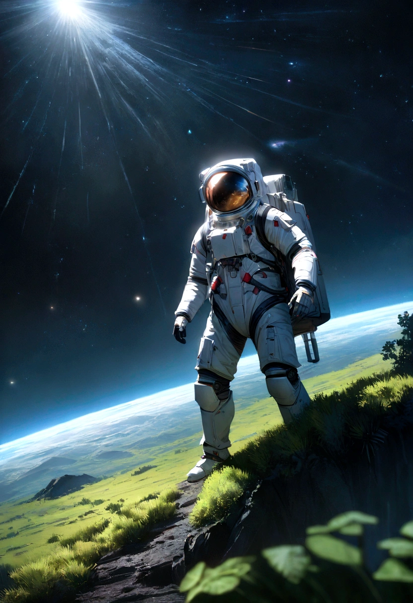 an astronaut standing in a lush field, nomanssky style wallpaper, 4K high resolution concept art beautiful masterpiece,abstract dream, space, intricate, large scale, alone, cinematic film still, Insane detail, sharp focus, depth of field , realistic lighting, (realistic perspective), complex, (multiple subjects), 4k HDR,