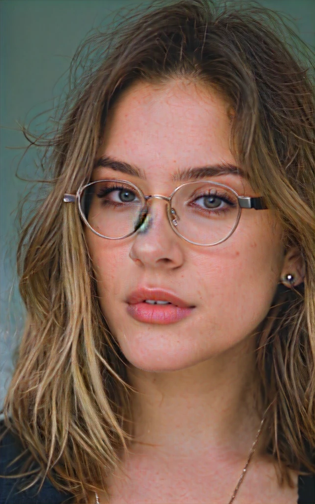 a beautiful 23-year-old woman, light brunette, close-up, girl next door, baggy clothes, makeup, lips, glasses, night, messy hair, film grain, retro, Porta 160 color, shot on ARRI ALEXA 65, sharp focus on subject, Fujifilm XT-3 sexy blonde room