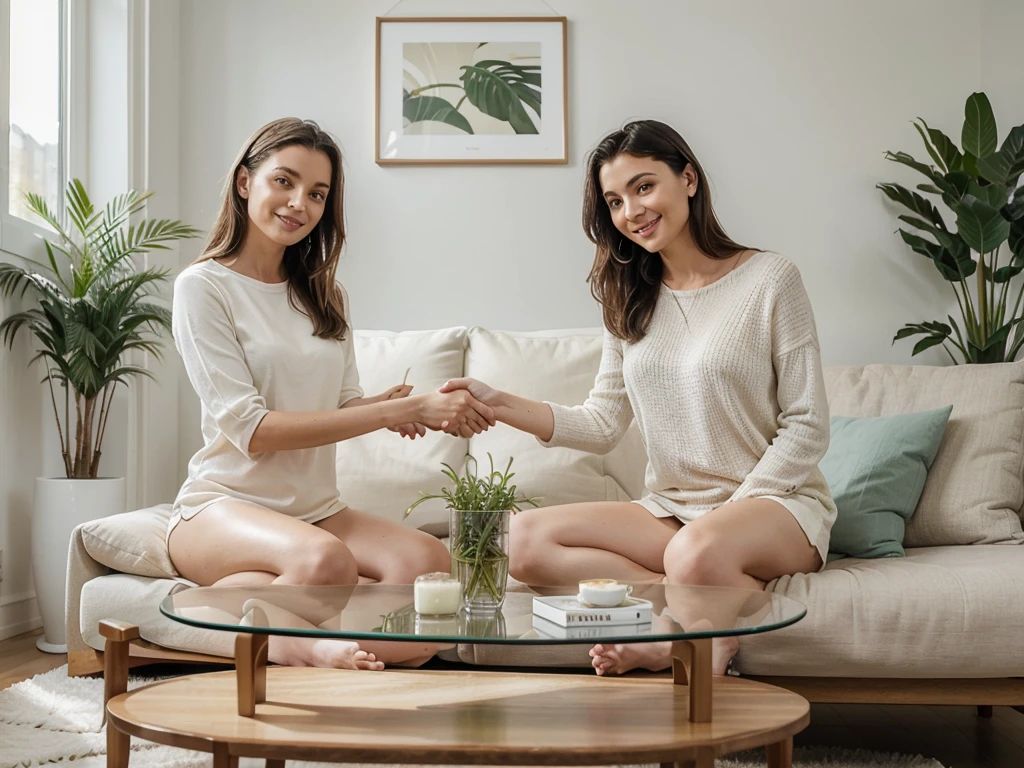 A serene scene in a modern room bathed in soft light, the background is in white tones with a few green plants to inspire serenity. A few decorative elements, such as a wooden coffee table and comfortable cushions, complete the decor. A mother in her thirties and a young nanny of 25 years old, shake hands, a peaceful smile on their lips, their expression reflecting confidence and enthusiasm. The two characters wear modern, casual clothing and are of Caucasian descent.