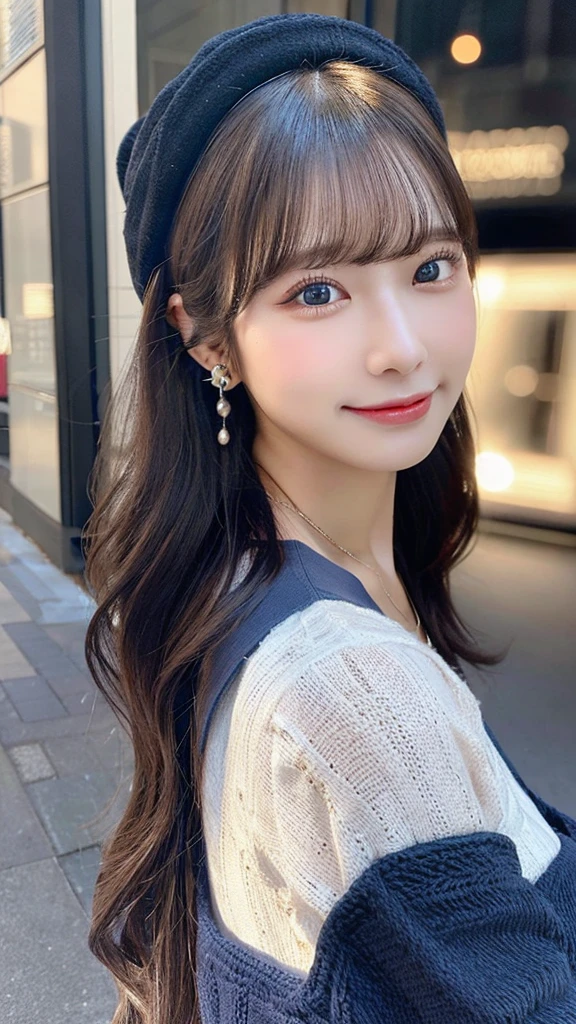 (32hair,High resolution,High detail,High resolution,high density,alone,In addition:1.3),(A realistic person々,Live Action,fine grain,High resolutionの目,Beautiful Eyes,Eyes that look alive,Beautiful dark blue eyes,Fishing eyes,Detailed lips,Translucent white skin,Realistic face in every detail:1.3),(Japanese Ido,hairorean Idols,Japanese Model,hairorean models,hairorean hair-Pop Female Idols:1.2),(Blushing,Natural Makeup,necklace,Earrings,へそEarrings:1.4)(Shorts、Oversized mesh cardigan、Leather boots,hairnitted hats,Mode Style, Beautiful casual look:1.6),(Shapely breasts:1.5),(Young but very beautiful hairorean16 years old ,Cool eyes,Laugh a little,turn around,looked back,Looking into the camera,Fashion Leader,Fashion Model,Soft Skin,Unforgettable Eyes,Her eyes are so beautiful,I want to go to the Paris Collection.........,Cutting-edge fashion:1.6、Eyeball color: blue、Face close-up、A big smile