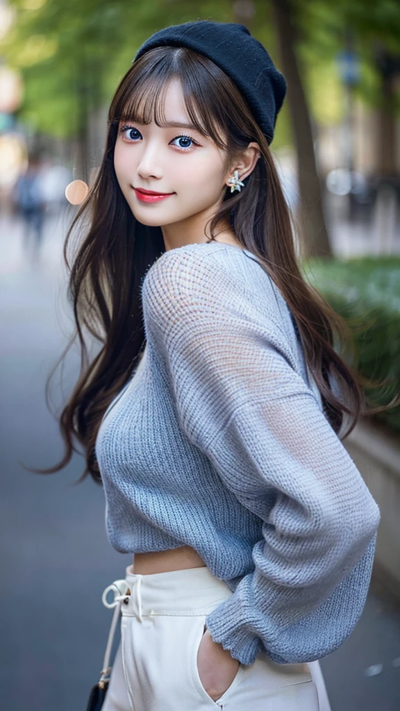 (32hair,High resolution,High detail,High resolution,high density,alone,In addition:1.3),(A realistic person々,Live Action,fine grain,High resolutionの目,Beautiful Eyes,Eyes that look alive,Beautiful dark blue eyes,Fishing eyes,Detailed lips,Translucent white skin,Realistic face in every detail:1.3),(Japanese Ido,hairorean Idols,Japanese Model,hairorean models,hairorean hair-Pop Female Idols:1.2),(Blushing,Natural Makeup,necklace,Earrings,へそEarrings:1.4)(Shorts、Oversized mesh cardigan、Leather boots,hairnitted hats,Mode Style, Beautiful casual look:1.6),(Shapely breasts:1.5),(Young but very beautiful hairorean16 years old ,Cool eyes,Laugh a little,turn around,looked back,Looking into the camera,Fashion Leader,Fashion Model,Soft Skin,Unforgettable Eyes,Her eyes are so beautiful,I want to go to the Paris Collection.........,Cutting-edge fashion:1.6、Eyeball color: blue、Face close-up、A big smile