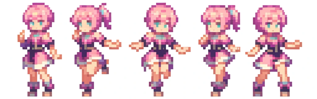 the very same person character chips , masterpiece ,  6 poses (put out one's left foot , put out one's right foot , 2 front-facing poses , 2 back poses),best quality , pixel , pixel art , xiangsu , xiang su , sequence frames  ,  walking , 1 girl , fantasy clothes , full body , white background , heroine , deformed , sexy , chibi  , Highly Exposed , pink clothes , pink hair , walking frame