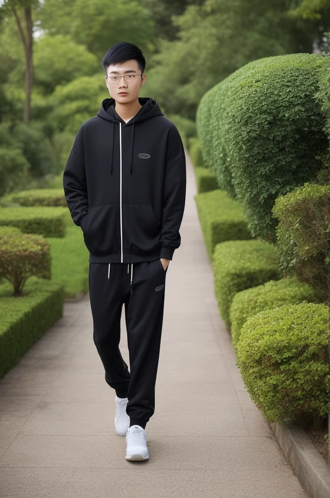 21 year old Chinese boy, he is wearing a oversize Hoodie jacket denim, he is wearing black Jogger trousers, he is wearing black sneakers, he is wearing glasses, Garden, full body, he is buzz cut Hair, foot, walking
