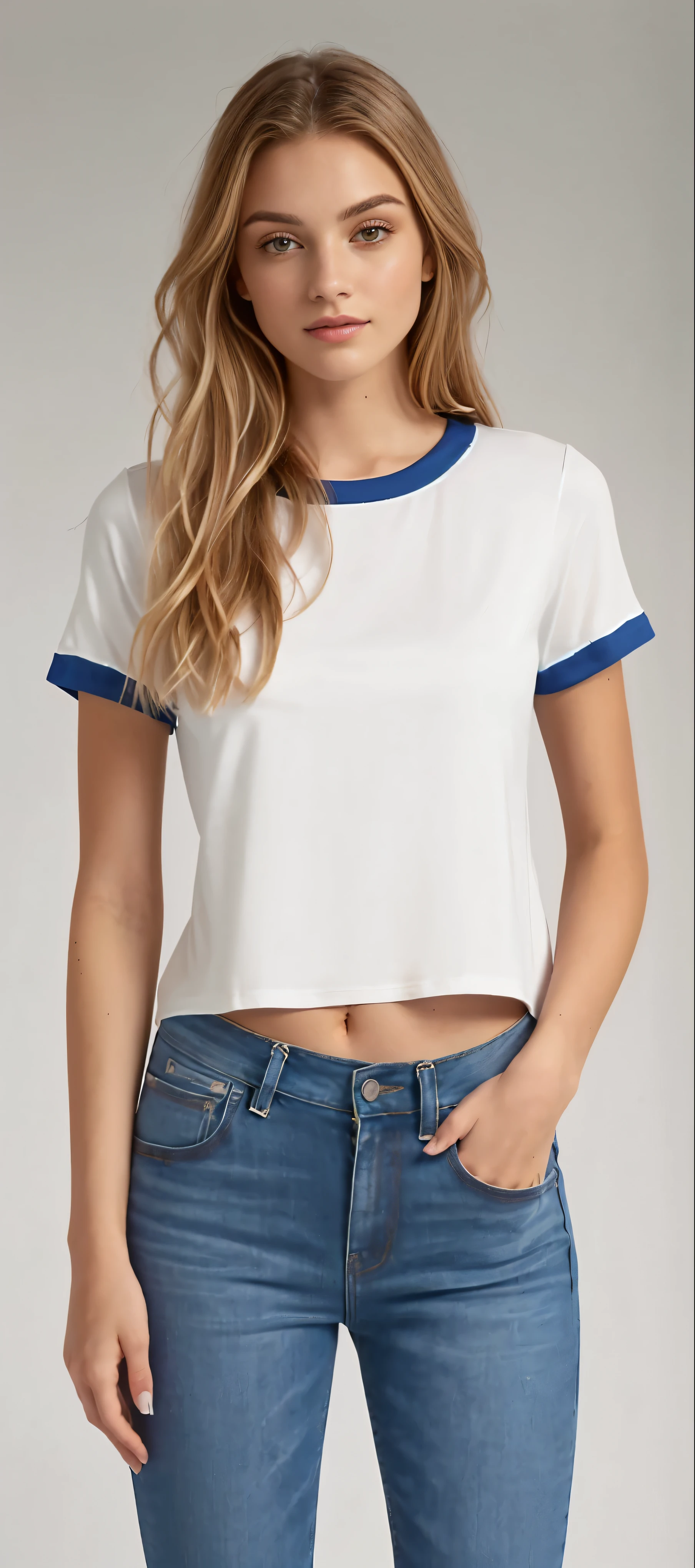 a woman in a white shirt and blue shorts posing for a photo, jeans and t shirt, white undershirt, White top, tight shirt, fair blue t-shirt, plain white undershirt, vestido com uma white undershirt, white undershirt, white undershirt, daisy dukes, wearing a shirt and jeans, wearing shorts and t-shirt, wearing tight shirt