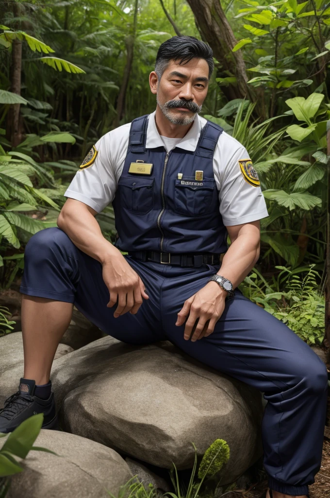 Authentic style，A strong security guard lost in the forest，坐在Stone上，Creek边，outdoor，Sitting，40 year old asian man，Looking at the camera，Legs open，Place your hands behind your body，Moustache，White beard，Short beard，（Security suits），Security suits打开，A kind expression，Kind uncle，A polite greeting，Black short hair，Very short hair，Brown skin，Mermaid line，Trousers，Pants are damaged，(There&#39;s a giant oyster mushroom in my pants)，Leg hair，Thick body hair，Black body hair，Leg hair，sandals，toe，full-body shot，Real person photos，Correct anatomical shape of the limbs，Full body shot，Fine skin texture，Stone，Creek，Soft Light，Low contrast images，Highest quality，4k quality，