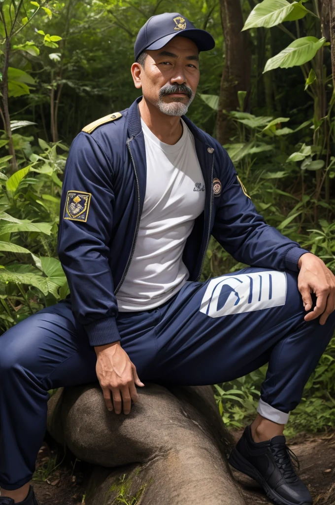 Authentic style，A strong security guard lost in the forest，坐在Stone上，Creek边，outdoor，Sitting，40 year old asian man，Looking at the camera，Legs open，Place your hands behind your body，Moustache，White beard，Short beard，（Security suits），Security suits打开，A kind expression，Kind uncle，A polite greeting，Black short hair，Very short hair，Brown skin，Mermaid line，Trousers，Pants are damaged，(There&#39;s a giant oyster mushroom in my pants)，Leg hair，Thick body hair，Black body hair，Leg hair，sandals，toe，full-body shot，Real person photos，Correct anatomical shape of the limbs，Full body shot，Fine skin texture，Stone，Creek，Soft Light，Low contrast images，Highest quality，4k quality，