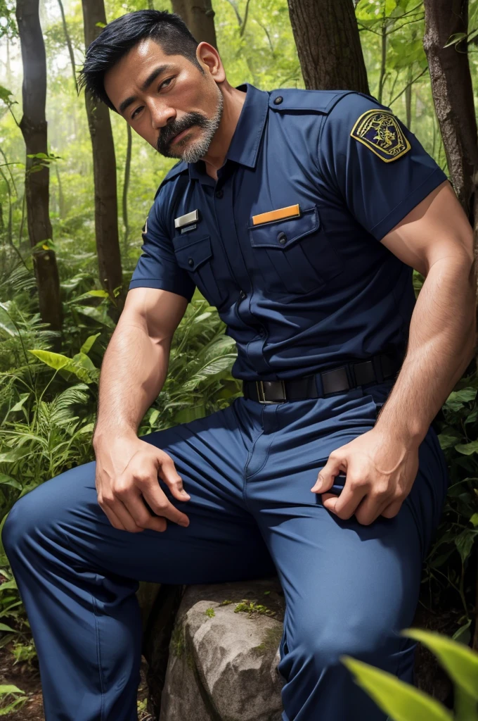 Authentic style，A strong security guard lost in the forest，坐在Stone上，Creek边，outdoor，Sitting，40 year old asian man，Looking at the camera，Legs open，Place your hands behind your body，Moustache，White beard，Short beard，（Security suits），Security suits打开，A kind expression，Kind uncle，A polite greeting，Black short hair，Very short hair，Brown skin，Mermaid line，Trousers，Pants are damaged，(There&#39;s a giant oyster mushroom in my pants)，Leg hair，Thick body hair，Black body hair，Leg hair，sandals，toe，full-body shot，Real person photos，Correct anatomical shape of the limbs，Full body shot，Fine skin texture，Stone，Creek，Soft Light，Low contrast images，Highest quality，4k quality，