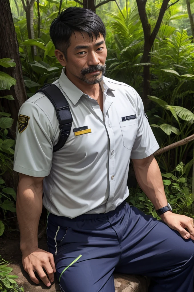 Authentic style，A strong security guard lost in the forest，坐在Stone上，Creek边，outdoor，Sitting，40 year old asian man，Looking at the camera，Legs open，Place your hands behind your body，Moustache，White beard，Short beard，（Security suits），Security suits打开，A kind expression，Kind uncle，A polite greeting，Black short hair，Very short hair，Brown skin，Mermaid line，Trousers，Pants are damaged，(There&#39;s a giant oyster mushroom in my pants)，Leg hair，Thick body hair，Black body hair，Leg hair，sandals，toe，full-body shot，Real person photos，Correct anatomical shape of the limbs，Full body shot，Fine skin texture，Stone，Creek，Soft Light，Low contrast images，Highest quality，4k quality，