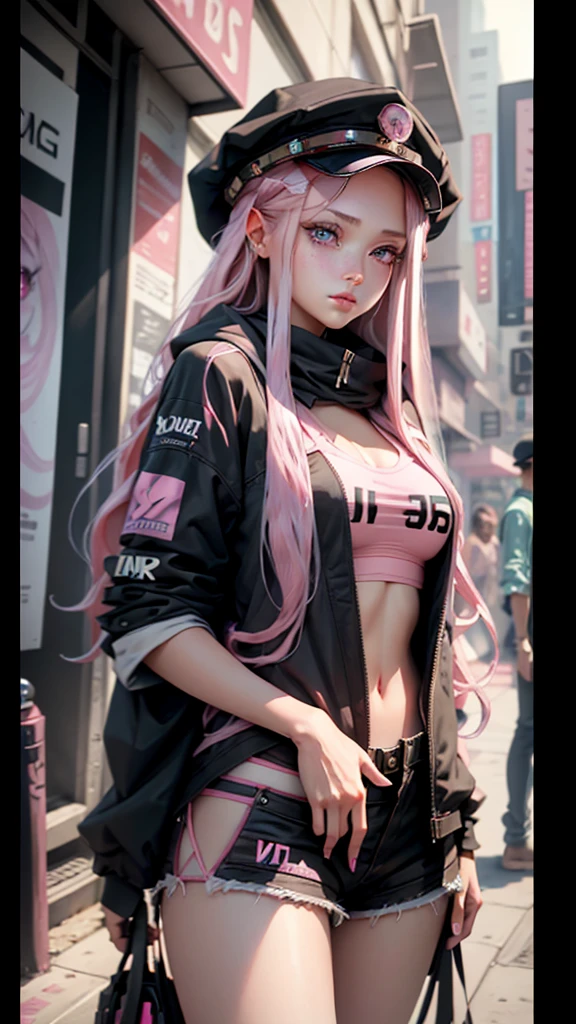 Beautiful woman medium hair, Wearing a hat, Cyberpunk Shorts,masterpiece, Highest quality, High resolution, {Detailed and beautiful eyes}, finely,  Detailed and beautiful eyes,Pink Eyes,(((Long pink hair))),