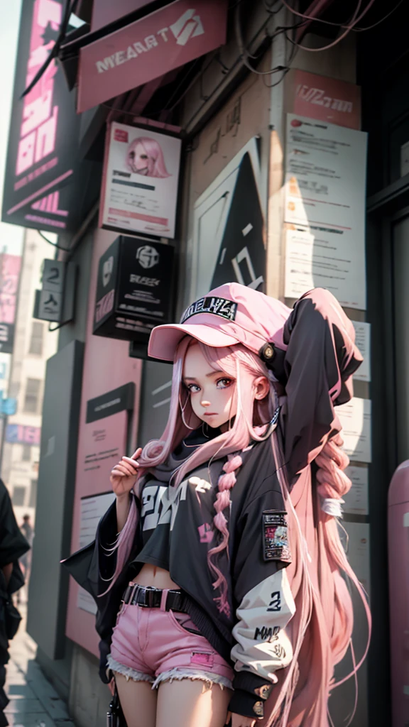 Beautiful woman medium hair, Wearing a hat, Cyberpunk Shorts,masterpiece, Highest quality, High resolution, {Detailed and beautiful eyes}, finely,  Detailed and beautiful eyes,Pink Eyes,(((Long pink hair))),