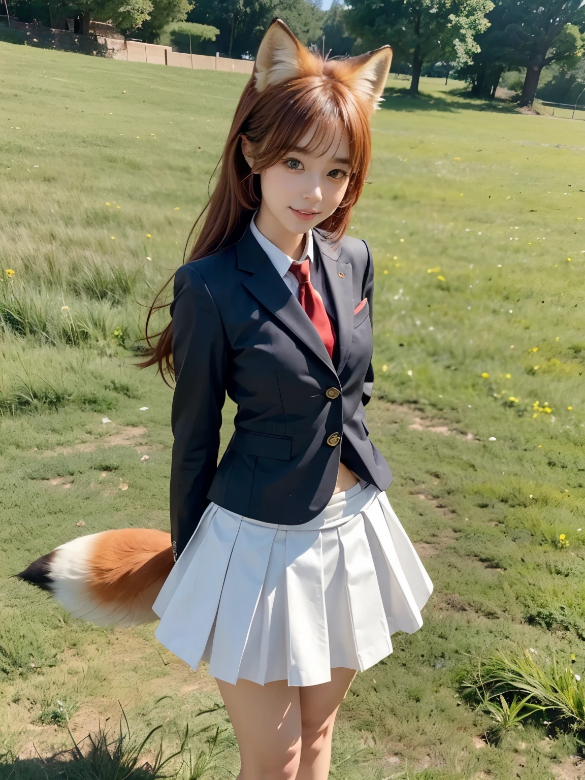 ((Highest quality, 32k)), ((masterpiece)), (Familiar), Perfect Face, School Girl, pretty girl, On the grassland, She has a bushy tail, (She has a red fox tail.:1.3), She stands up her fluffy tail, Beautiful hip line, Small breasts, She is wearing a cute business suit, A large tail sticks out, Climbing on all fours, Slender body, She looks shyly at her tail, Her tail pushes up her skirt to reveal her white panties, (A single red fox tail protrudes from the hem of her skirt.:1.4), Embarrassed face