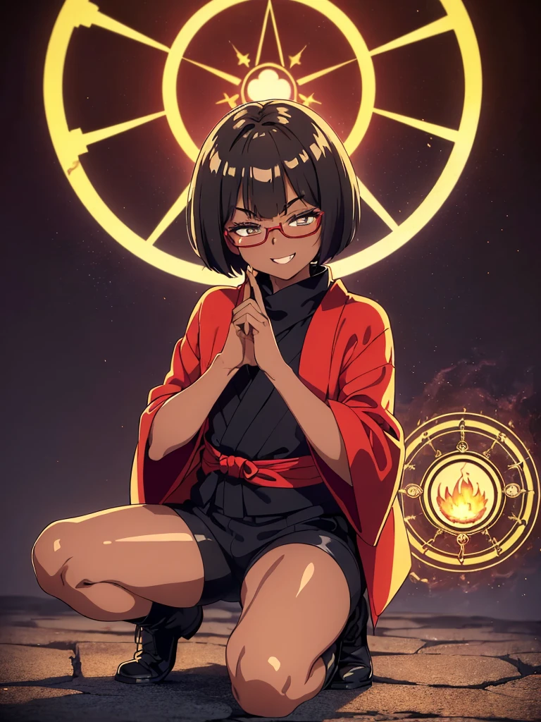 (flat chest:), (masterpiece:1.2), highest quality, High resolution, unity 8k wallpaper, (fine and beautiful eyes:1.6), highly detailed face, perfect lighting, Detailed CG, (perfect hands, perfect anatomy), (1 boy solo:1.4), 20 years old, black hair, extremely beautiful detailfeminine face and eyes, (evil smile:1.4), detailed eyes, best quality,( dark skin:1.8), (turtleneck shirt under yukata:1.2), (bike shorts:1.2), extremely detailed, very precise detailed, (glasses:1.3), blunt bangs, open mouth, (very short pixie cut:1.2), boots,fingerless gloves, smile, (half closed eyes:1.5),(burning fire background:1.3), ,(squat in magic circle on ground:1.1) ,night sky,long sidelocks,(long red Scarf),(yukata),(squatting),(acrobat pose:1.3),(squat:1.3),leaning forward,(one knee dwon:1.5),(Put one foot in front:1.3),(stylish pose:1.4),(Raise only index finger:1.1),(Joining hands:1.5),(retro artstyle:1.2), (1990s \(style\)),(magic circle on ground:1.3)