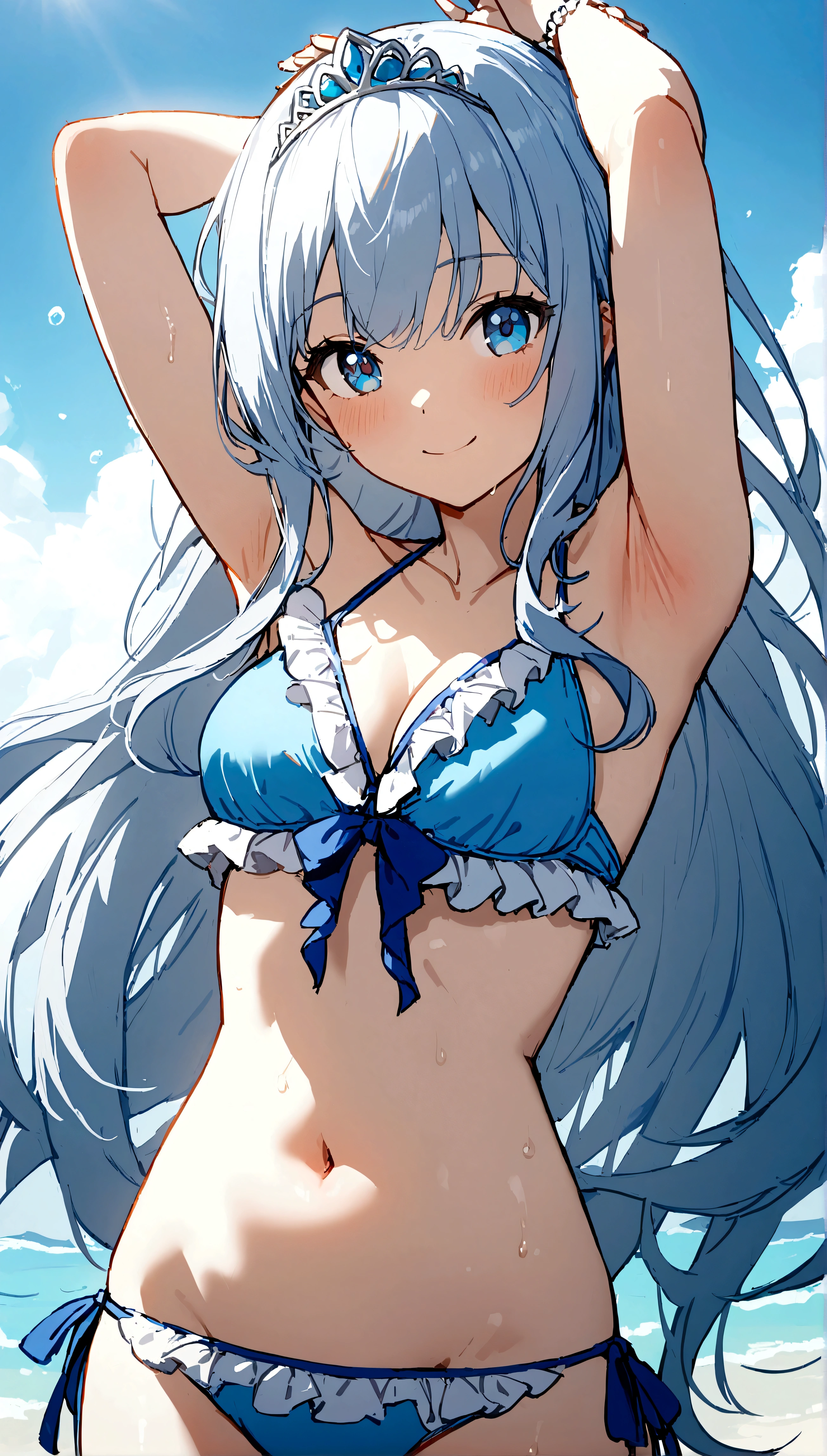 (Masterpiece), (Top Quality Anime Illustration), (Super Definition), One Girl, Solo, Beautiful Girl with Silver Hair, Anime Loli, Cat Ear Loli, Petite, Cleavage Emphasis, Underboob, Thigh Emphasis, White Micro Bikini, Wet Sheer, Shameful, South Island Sea, Water