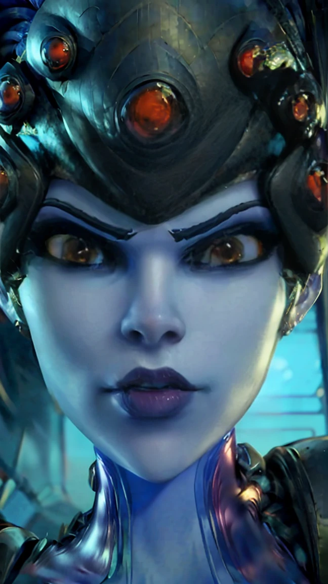 desde arriba, Una imagen Hyperrealista, ((Sexy Widow Maker from overwatch, sexy suit, with a black widow spider on her hand. neon city at the background, raytraced, viento, paisaje neon, (aesthetics and atmosphere:1.2), bella, sexy, mirada malvada, ojos intensos y morados, medio cuerpo. (foto cruda, mejor calidad), (realista, photo-realista:1.3), Obra maestra, un extremadamente perfecto y hermoso cuerpo, labios sexys morados, cuerpo palido lila, extremadamente detallado, Best quality score, ultra dynamic view, close up, high view, with her pet black widow on her hand