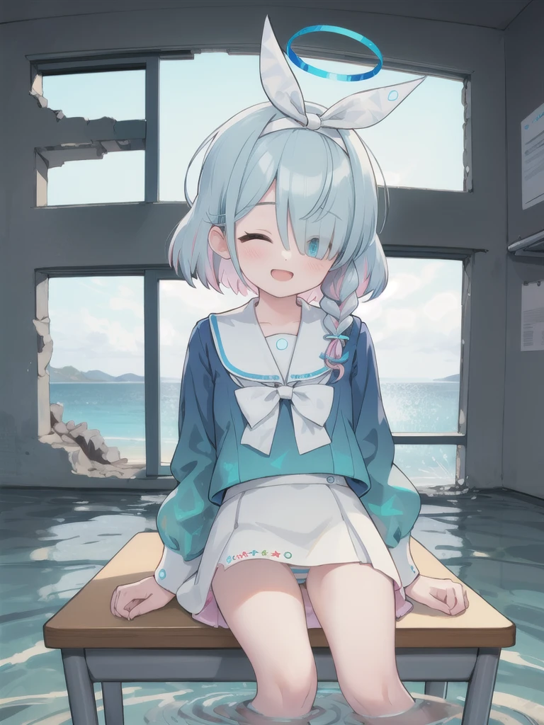masterpiece,Highest quality,indoor,Ruined classroom,sitting at a desk looking at the viewer,Water is filling up,White tile,Ocean View,noon,blue sky,1 Girl,Halo,Braid,Close ~ eyes,Open your mouth,smile,Blue school shirt,Long sleeves,White Skirt,Panties with white and light blue stripes,Focus on face,upper body,panty shot,pussy line,
