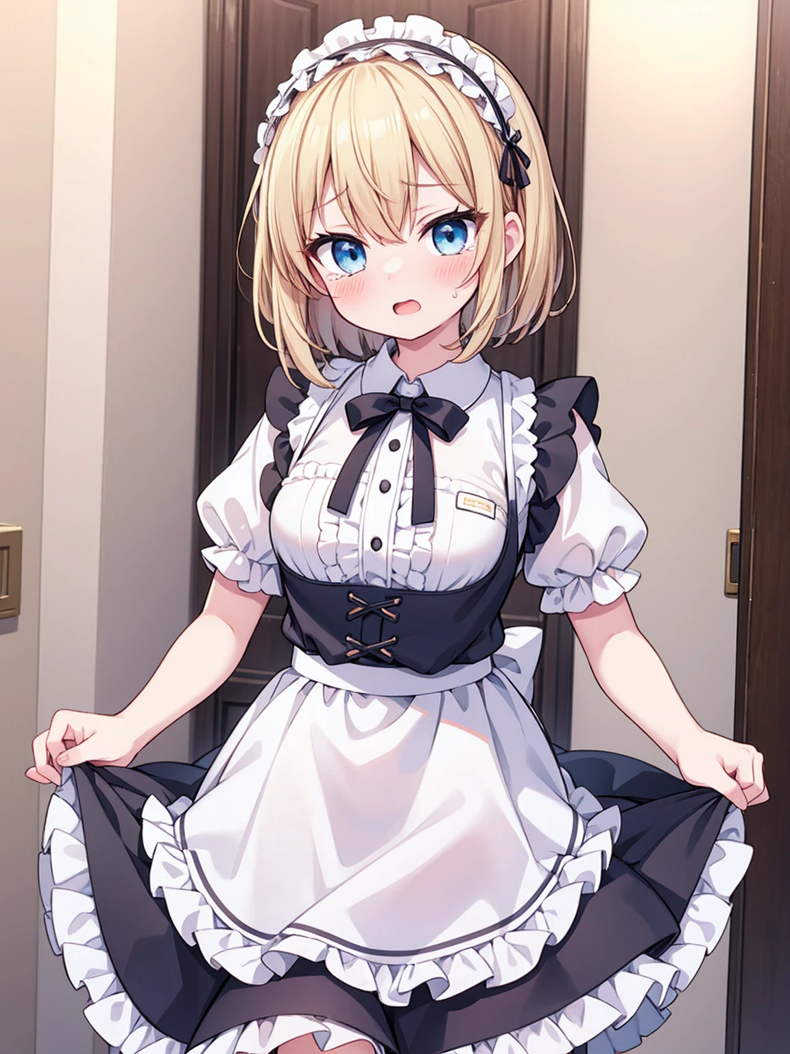 lewd, thighs, bedroom background, maid outfit, maid apron, blonde medium hair, mini skirt, high heels, black stockings, gloves, 1girl, blue eyes, absurdres, masterpiece, looking at viewer, small breasts, wide shot, bare shoulders, lingerie, Bending Over, nipple slip, grin