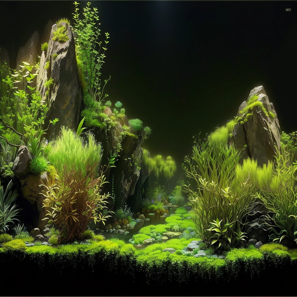 there is an aquarium with plants and rocks in it, Iwagumi Waterscape, aquatic plants, overgrown with aquatic plants, aquatic plants, detailed scenery - width 672, theophanic atmospheric nursery, river with low plants, beautiful environment, moss, ecossistema, moss landscape, underwater plants, Lush Environment, incredible depth. black background with slight variation towards blue