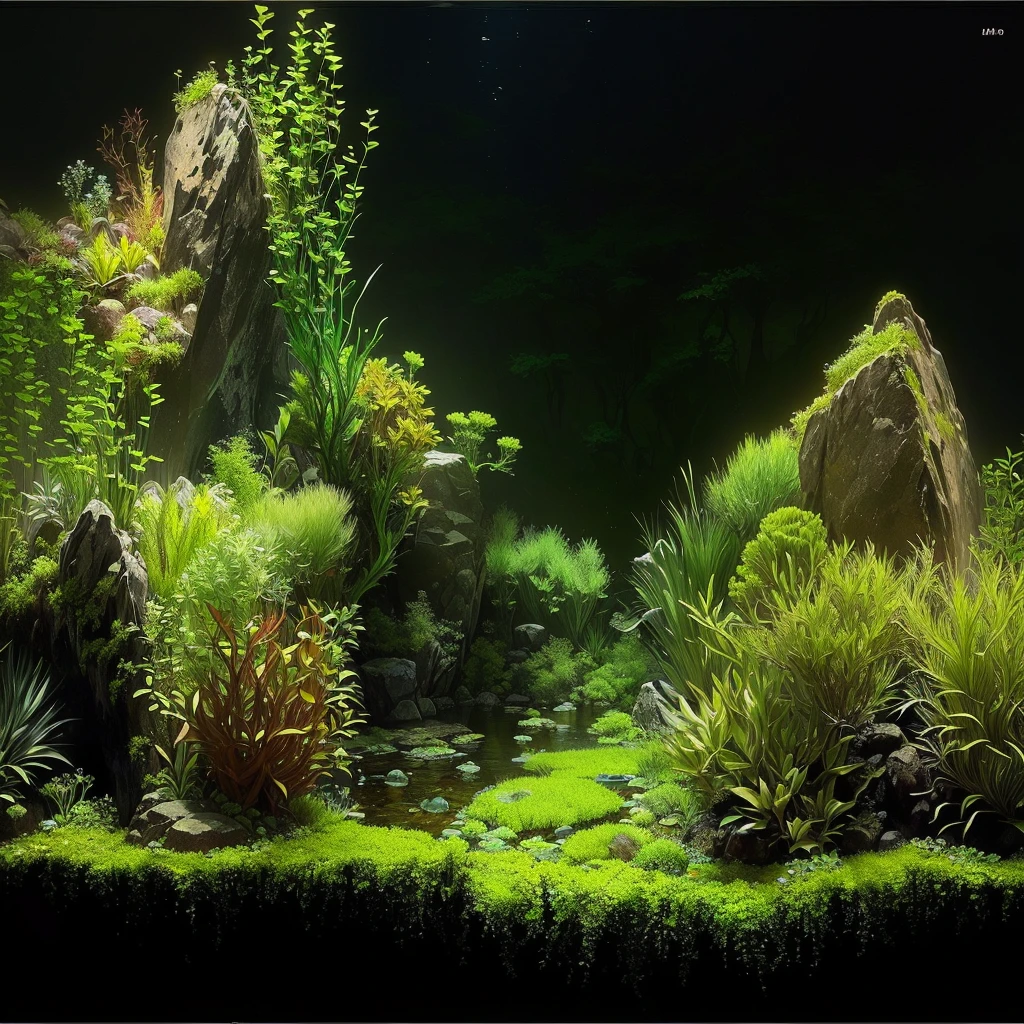 there is an aquarium with plants and rocks in it, Iwagumi Waterscape, aquatic plants, overgrown with aquatic plants, aquatic plants, detailed scenery - width 672, theophanic atmospheric nursery, river with low plants, beautiful environment, moss, ecossistema, moss landscape, underwater plants, Lush Environment, incredible depth. black background with slight variation towards blue