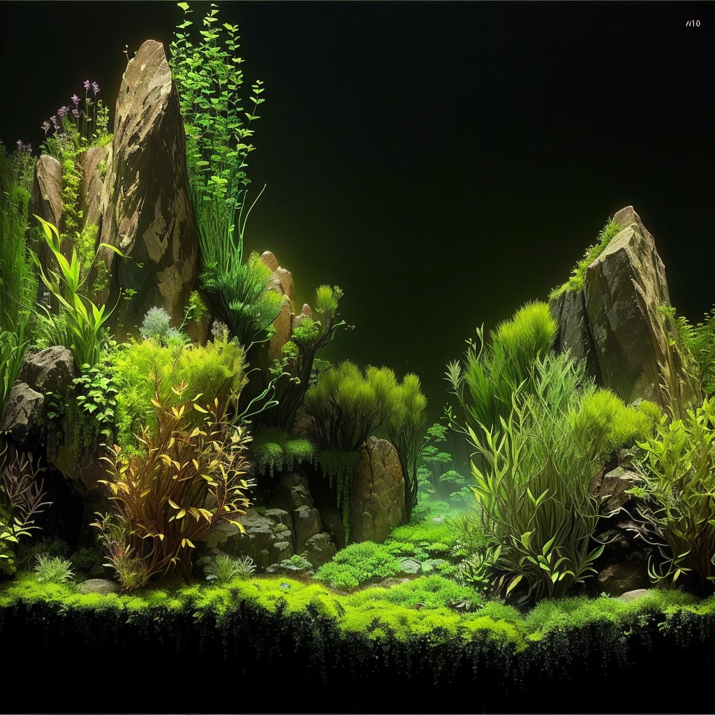 there is an aquarium with plants and rocks in it, Iwagumi Waterscape, aquatic plants, overgrown with aquatic plants, aquatic plants, detailed scenery - width 672, theophanic atmospheric nursery, river with low plants, beautiful environment, moss, ecossistema, moss landscape, underwater plants, Lush Environment, incredible depth. black background with slight variation towards blue