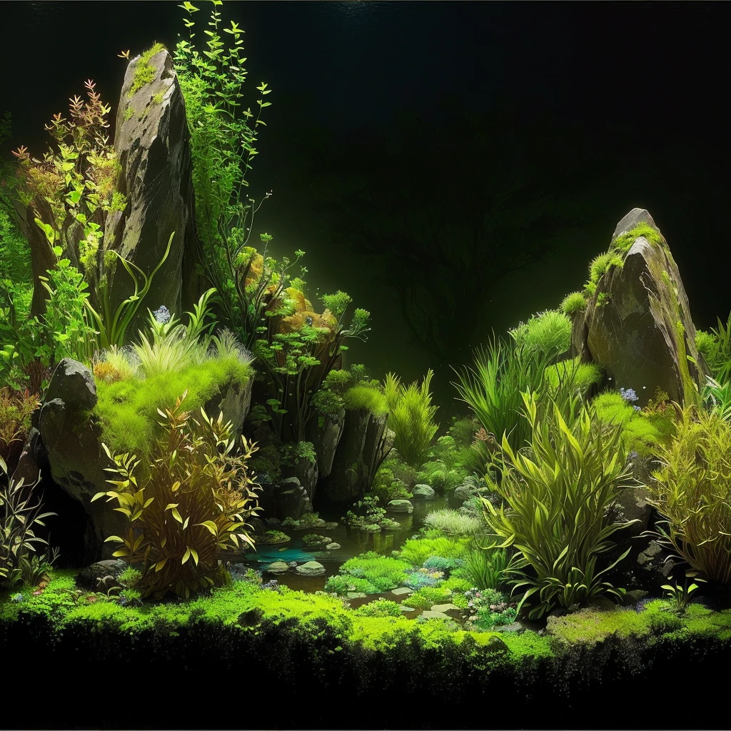 there is an aquarium with plants and rocks in it, Iwagumi Waterscape, aquatic plants, overgrown with aquatic plants, aquatic plants, detailed scenery - width 672, theophanic atmospheric nursery, river with low plants, beautiful environment, moss, ecossistema, moss landscape, underwater plants, Lush Environment, incredible depth. black background with slight variation towards blue