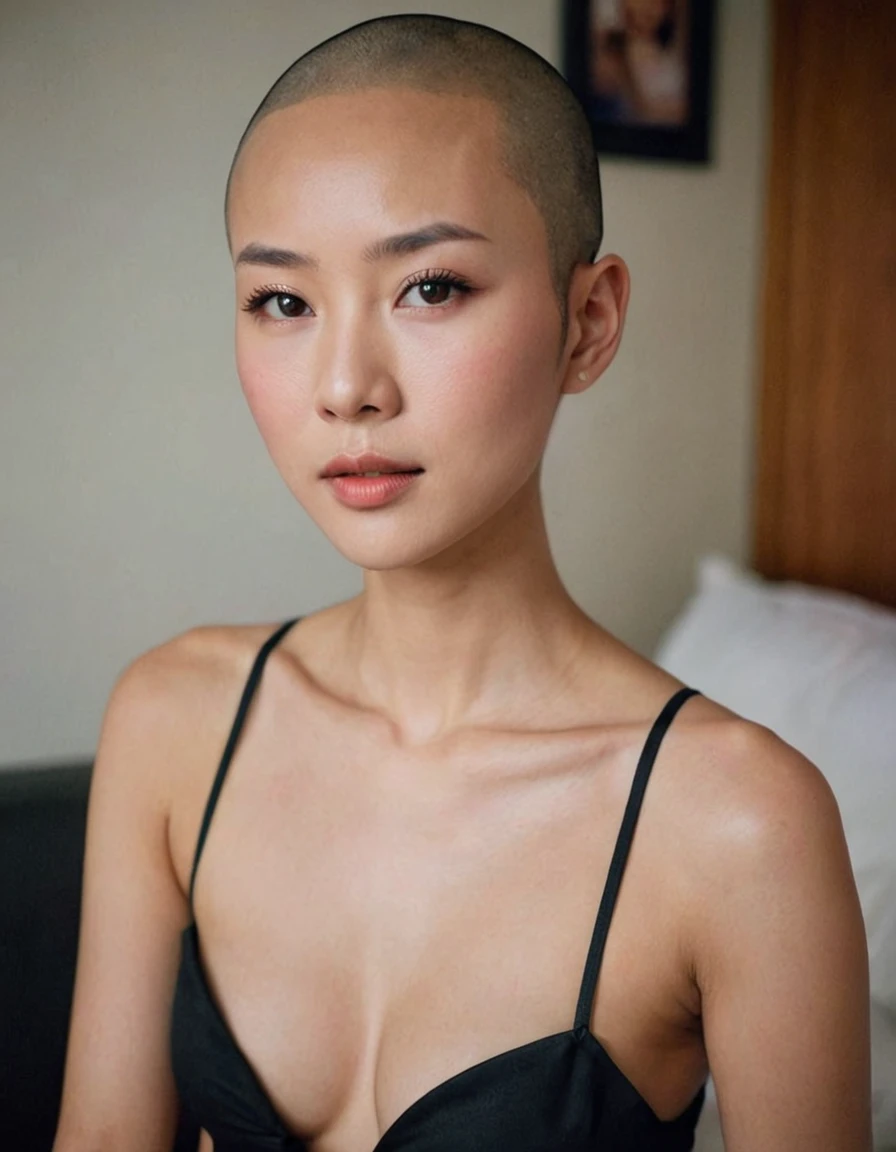 1 femme asain, bald Hair, dark brown eyes, high cheekbones, sexy, pretty