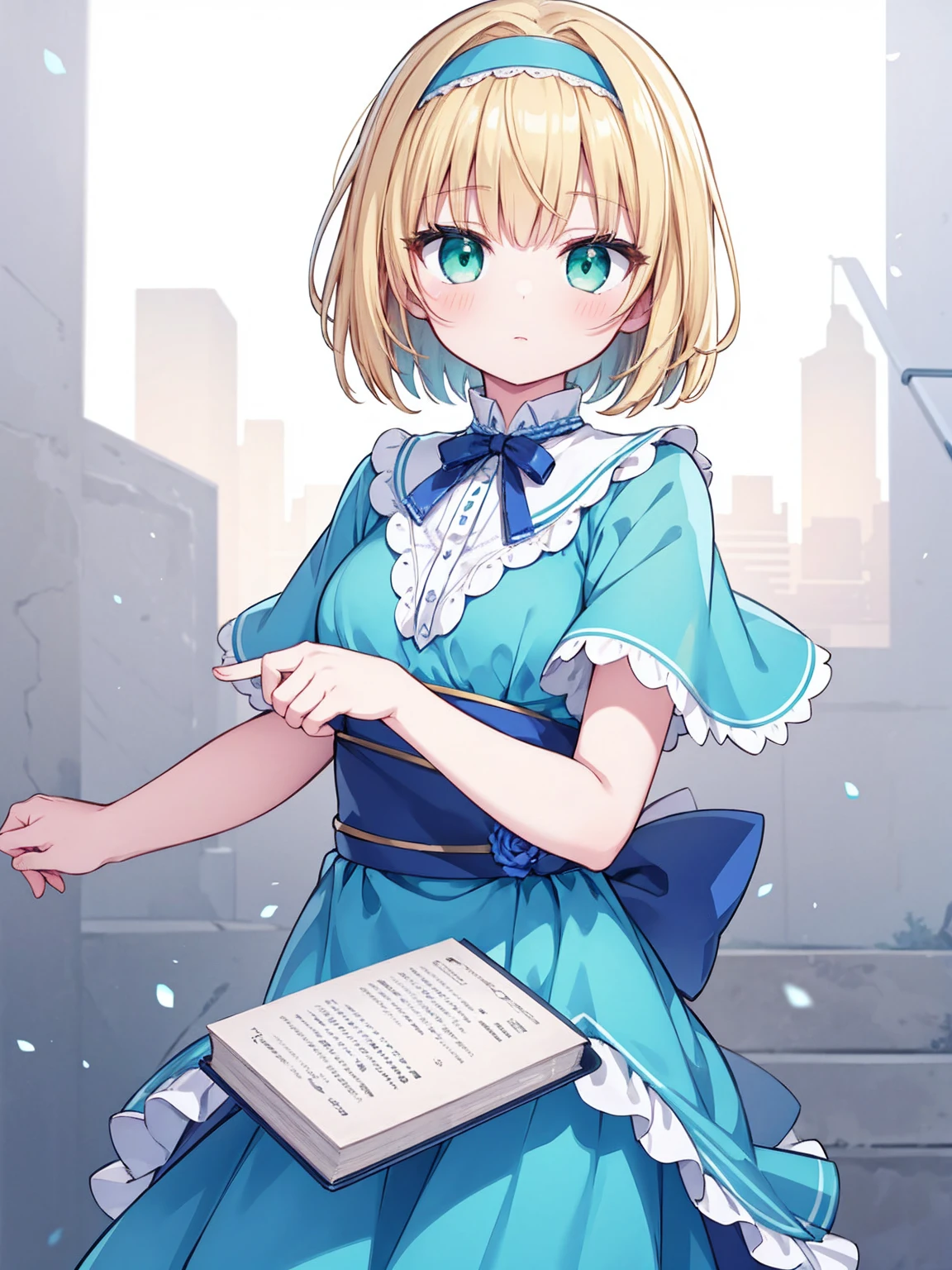 masterpiece, top quality, super detailed, CG illustration, high resolution, better lighting, best shadows, very delicate and beautiful, proper shading, hd, 8k,alice margatroid, 1girl, solo, looking at viewer, short hair, blonde hair, simple background, white background, dress, green eyes, hairband, aqua eyes, book, sash, capelet, blue dress