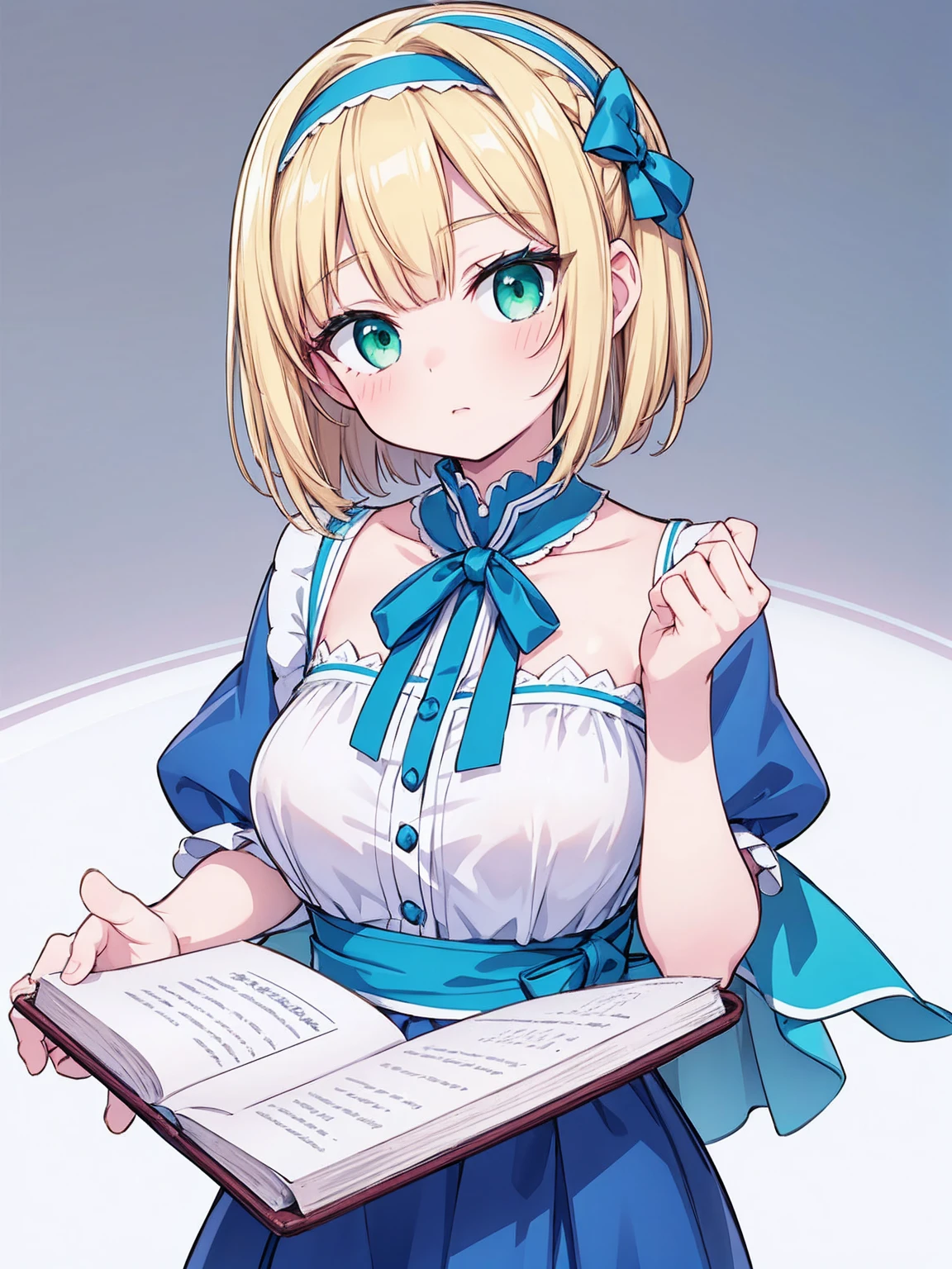 masterpiece, top quality, super detailed, CG illustration, high resolution, better lighting, best shadows, very delicate and beautiful, proper shading, hd, 8k,alice margatroid, 1girl, solo, looking at viewer, short hair, blonde hair, simple background, white background, dress, green eyes, hairband, aqua eyes, book, sash, capelet, blue dress