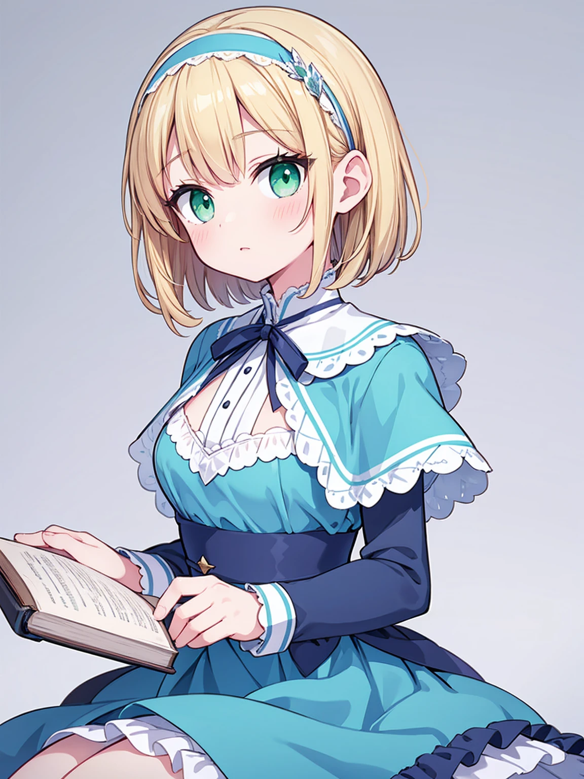 masterpiece, top quality, super detailed, CG illustration, high resolution, better lighting, best shadows, very delicate and beautiful, proper shading, hd, 8k,alice margatroid, 1girl, solo, looking at viewer, short hair, blonde hair, simple background, white background, dress, green eyes, hairband, aqua eyes, book, sash, capelet, blue dress