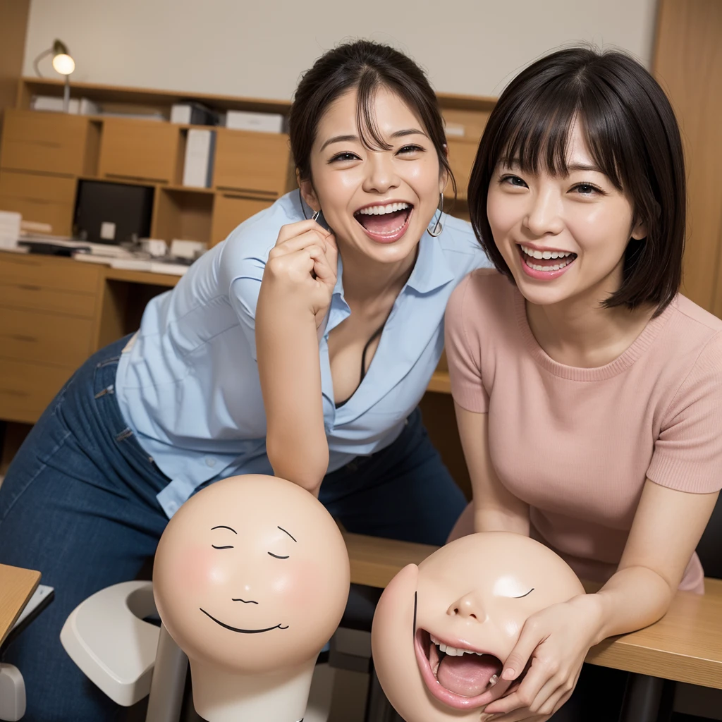 Laughing Japanese office lady、office、(Anatomically correct),masterpiece, Highest quality, Photorealistic、Laughing with your mouth open、Smiling at the camera