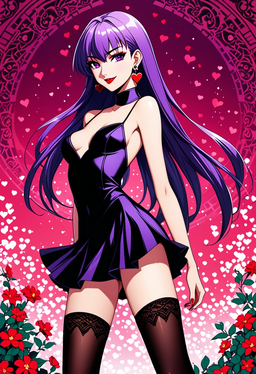 (anime, masterpiece, intricate:1.1), summer aestetic background, comics_darkstalkers_morrigan_aensland, 1girl, Slender hips, slim stomach, thin waist, sexy posing, back view, aesthetically pleasing rear view, looking at viewer, medium breasts, slim body, violet hair, violet eyes, skimpy black silk dress, long hair, black garter stockings, symmetrical stocking size, very short mini skirt, lingerie, heart shaped earrings, girly decorations, solo, flowers, modest smile, bright red lipstick, painted nails (red)