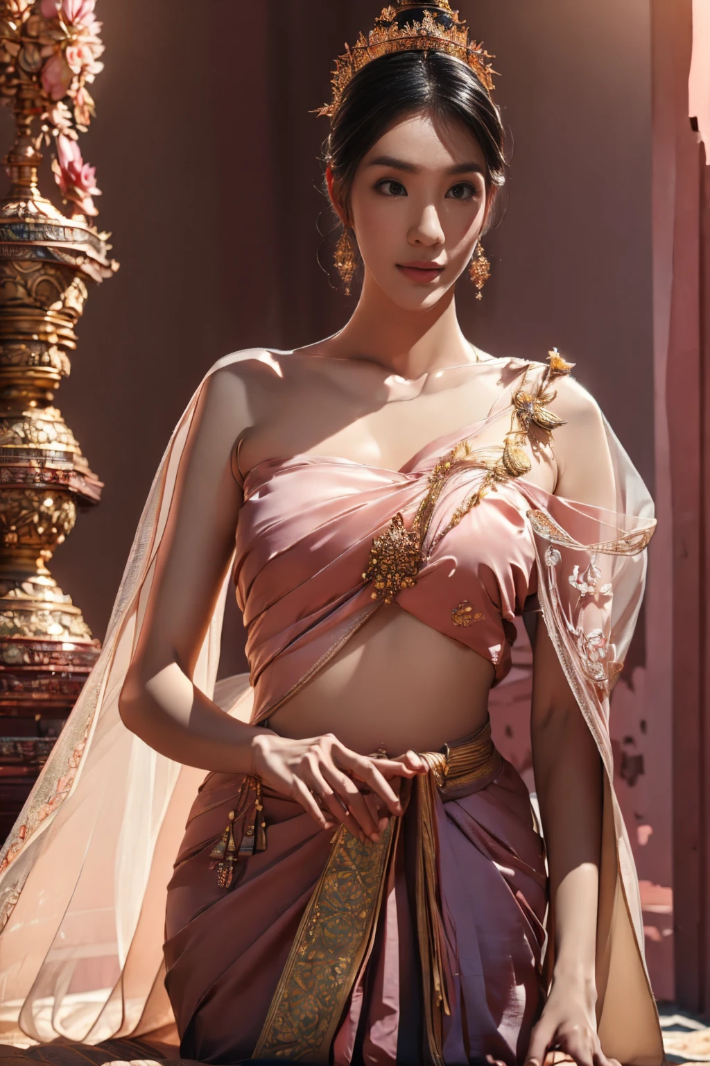 ((best quality,4k,highres,masterpiece:1.2)),((character concept art)), Thai woman, ancient Sukhothai costume,loincloth,ornament,visible ,revealing cloth,cultural,colorful,exquisite details,fine hand embroidery,elaborate headdress,traditional makeup,majestic pose,sunset glowing,Ancient Thai temple backdrop,serene atmosphere,soft lighting,vibrant colors,historical fusion,laterns lighting the scene,lotus flowers adorning the surroundings,aesthetic balance,ethereal beauty, ((intricate detail)), super finely detailed hands, ultra finely detailed fingers(((ten fingers))), (standing shyly), (full body showcase), (show full body), (no logos on background), (no logo), ((plain background)), ((plain background)), (((empty background))).