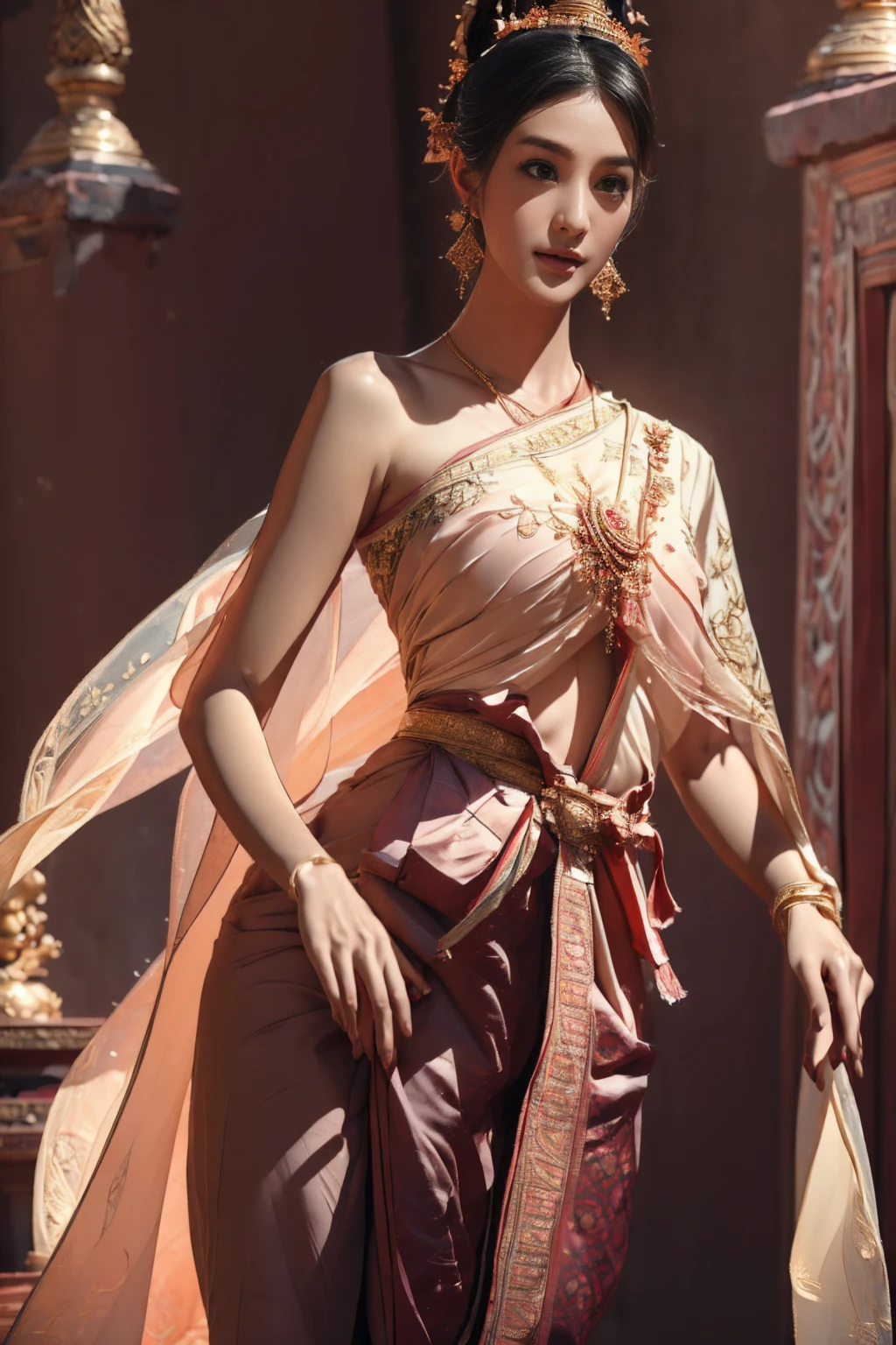 ((best quality,4k,highres,masterpiece:1.2)),((character concept art)), Thai woman, ancient Sukhothai costume,loincloth,ornament,visible ,revealing cloth,cultural,colorful,exquisite details,fine hand embroidery,elaborate headdress,traditional makeup,majestic pose,sunset glowing,Ancient Thai temple backdrop,serene atmosphere,soft lighting,vibrant colors,historical fusion,laterns lighting the scene,lotus flowers adorning the surroundings,aesthetic balance,ethereal beauty, ((intricate detail)), super finely detailed hands, ultra finely detailed fingers(((ten fingers))), (standing shyly), (full body showcase), (show full body), (no logos on background), (no logo), ((plain background)), ((plain background)), (((empty background))).