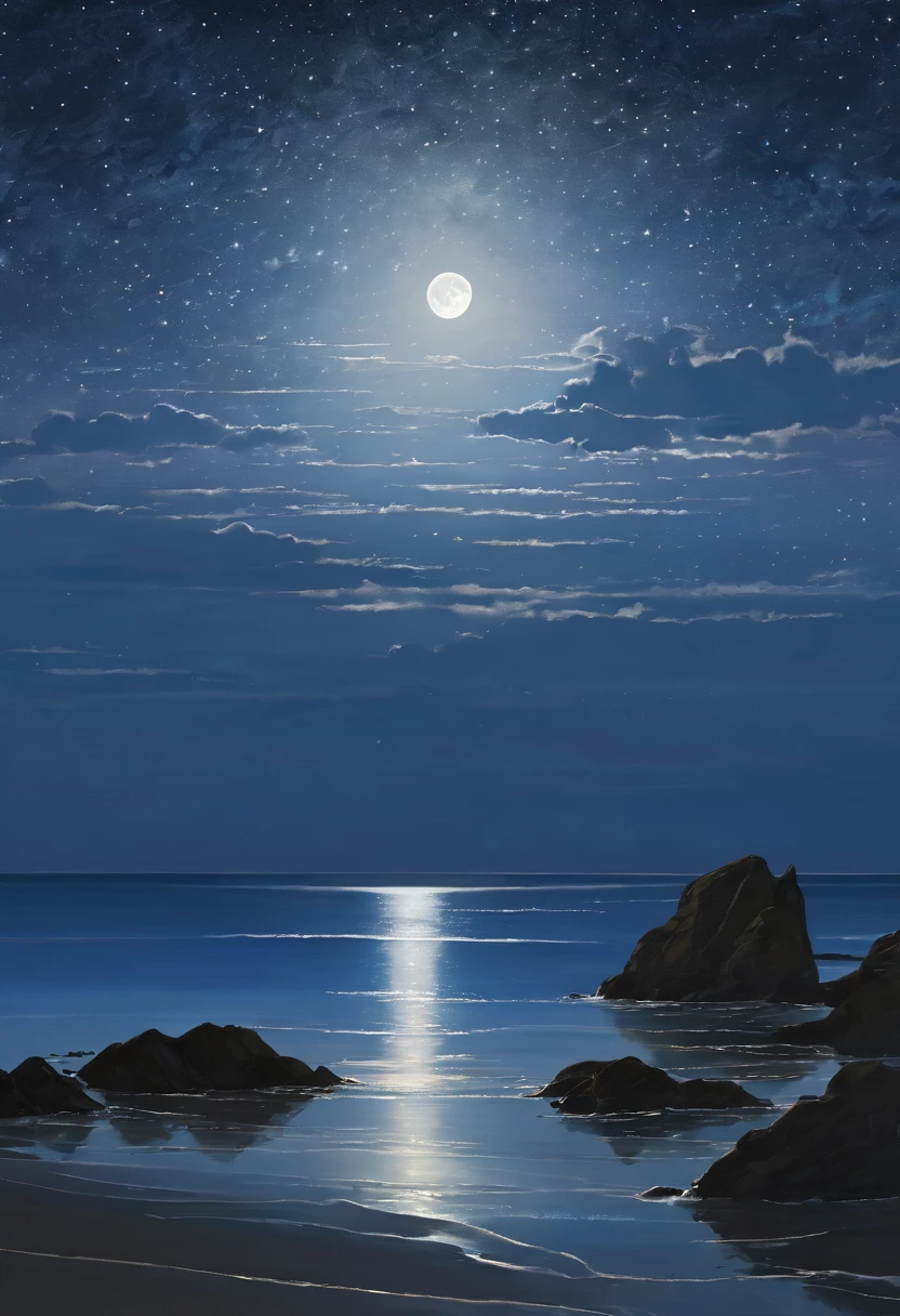 Under the serene glow of a full moon, a tranquil sea stretches out into the horizon. The moonlight casts a silver sheen over the gentle ripples of the water, creating a shimmering path that seems to lead to the moon itself. Soft waves lap at the shore, whispering secrets to the night. In the distance, silhouettes of small islands and rocks break the smooth line of the horizon. The sky is clear, with stars scattered like diamonds. This peaceful nocturnal seascape exudes calm and quiet beauty, inviting contemplation and a sense of wonder.