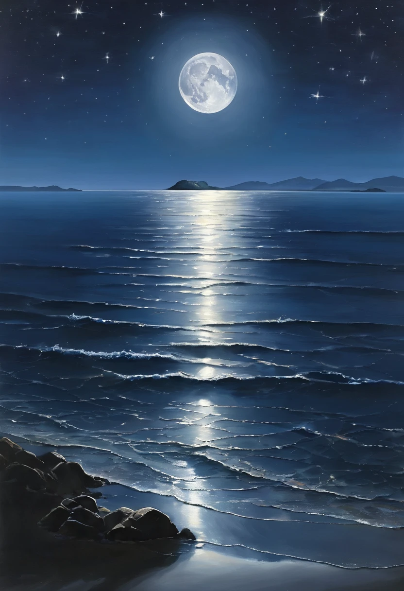 Under the serene glow of a full moon, a tranquil sea stretches out into the horizon. The moonlight casts a silver sheen over the gentle ripples of the water, creating a shimmering path that seems to lead to the moon itself. Soft waves lap at the shore, whispering secrets to the night. In the distance, silhouettes of small islands and rocks break the smooth line of the horizon. The sky is clear, with stars scattered like diamonds. This peaceful nocturnal seascape exudes calm and quiet beauty, inviting contemplation and a sense of wonder.