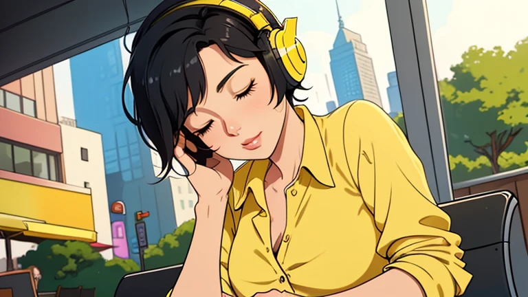 Beautiful woman in her 30s with short black hair is sitting with headphones on the cafe terrace. Looking down, eyes closed, LOFI girl, alone in the room, Yellow blouse, relaxing mood, cozy, only five fingers, new york, colorful, Well-proportioned face, Beautiful human female fingers