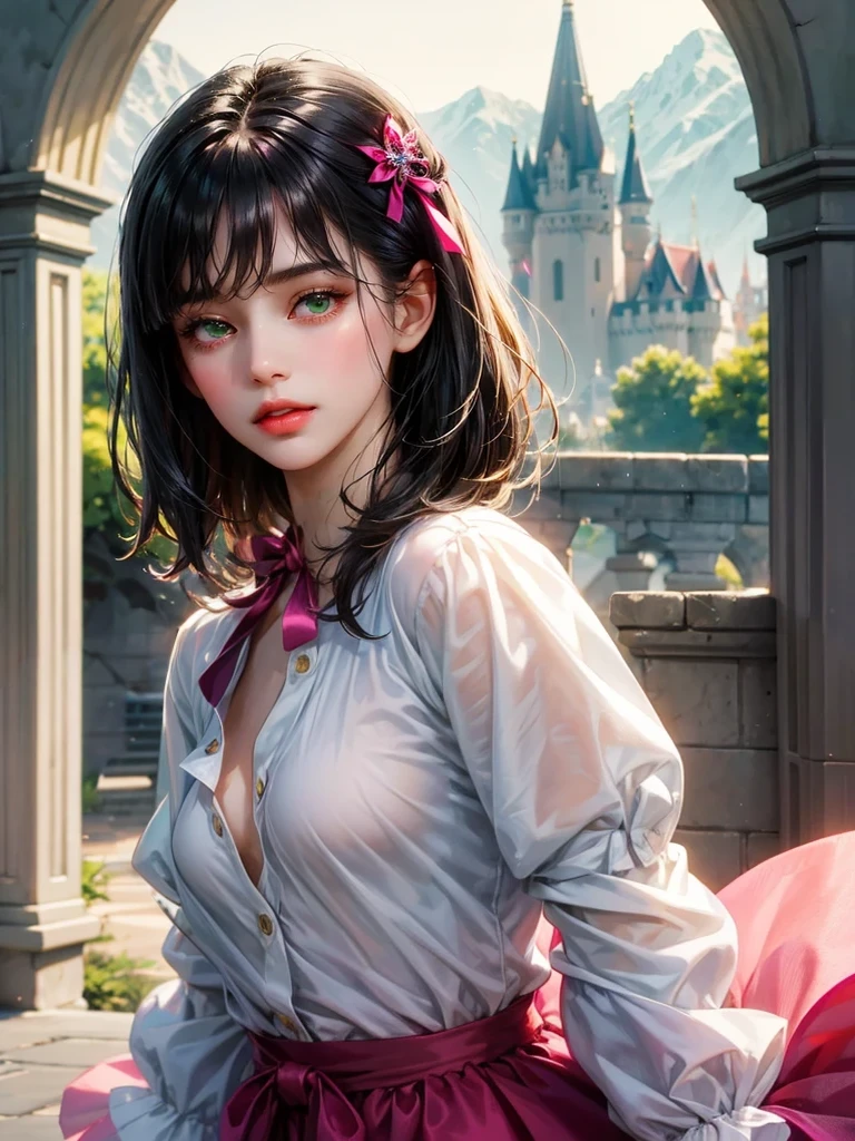 A girl with small . She wears a white shirt with a fuchsia ribbon