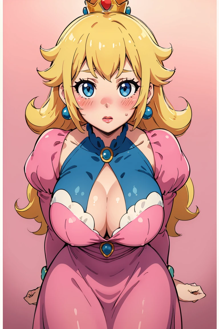 best quality, high resolution, large breasts, blonde hair, blush, embarrassed, cowboy shot, looking at viewer, princess_peach, pink lip