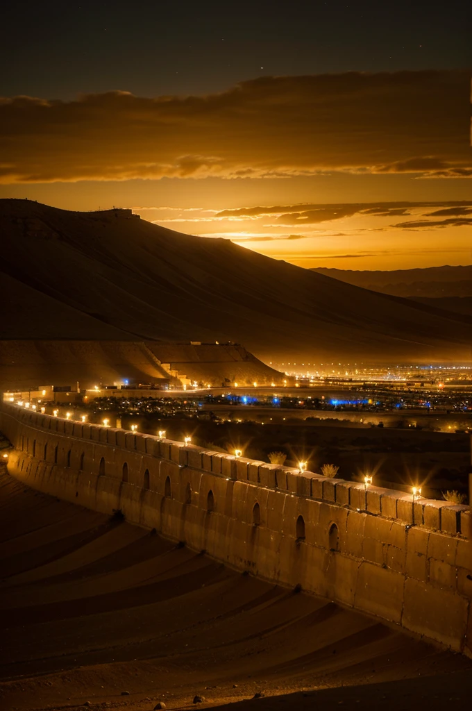 large desert plain at night, in the distance a large illuminated city, the city is surrounded by a great wall protected by the army, the view is facing the wall