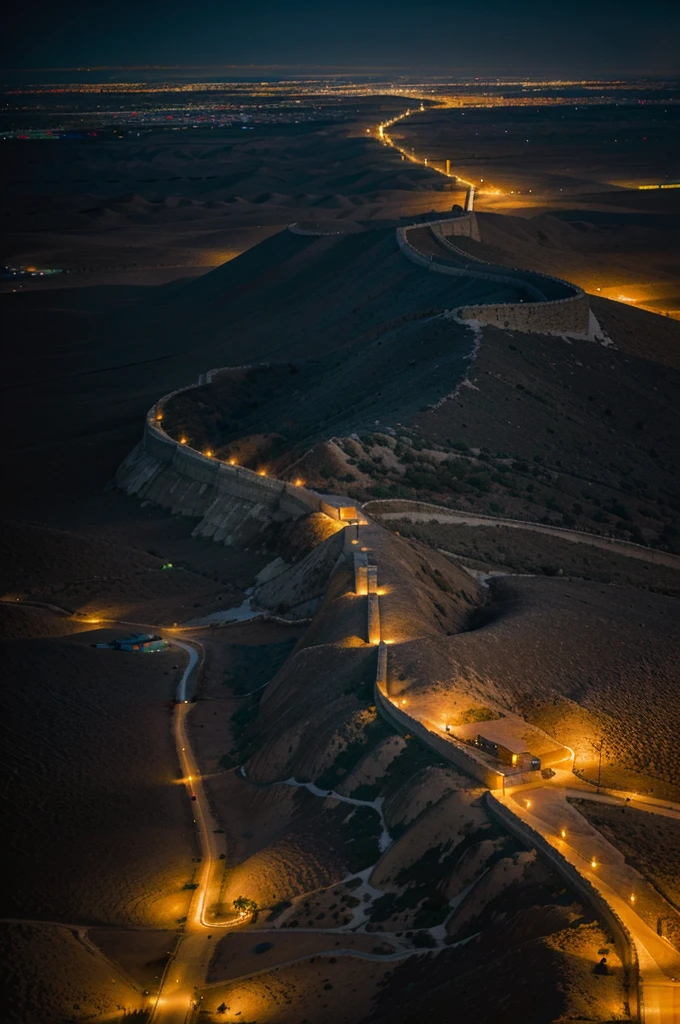 large desert plain at night, in the distance a large illuminated city, the city is surrounded by a great wall protected by the army, the view is facing the wall
