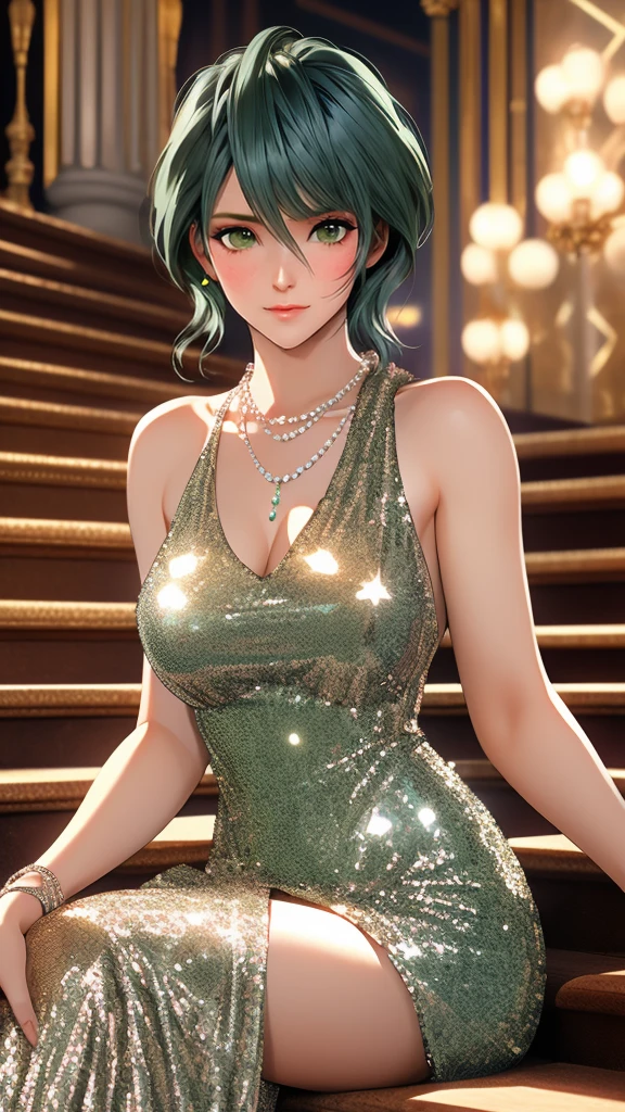 1woman, tamaki, green short hair, green eyes, hair between eyes, detailed eyes, Long eyelashes, (silver sequined dress:1.3), squinting, blush, Pearl Necklace, sitting on the grand staircase