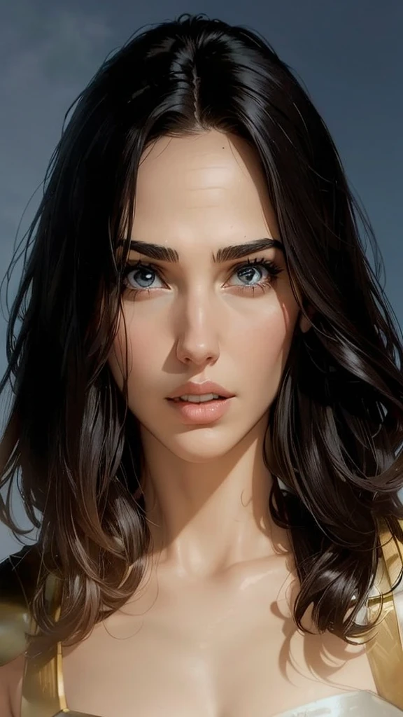 A City with a Beautiful Woman Gal Gadot with Wheeled Sneakers, Aerodynamic Jumpsuit, Helmet with visor Gloves with protective pads, jewelry and elbow pads, Short Cape and Logo and Emblem and with the Power to fly in 75% levitation