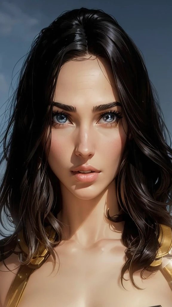 A City with a Beautiful Woman Gal Gadot with Wheeled Sneakers, Aerodynamic Jumpsuit, Helmet with visor Gloves with protective pads, jewelry and elbow pads, Short Cape and Logo and Emblem and with the Power to fly in 75% levitation