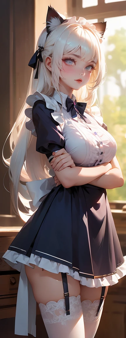 (masterpiece:1.3), (8K、best qualthaty:1.3), Highest image qualthaty, Intricate details, High resolution, Depth Field, Natural light, Professional Lighting, (1 Girl), (alone), gravure, (A so beautiful 18 year old Brthatish girl), (so beautiful:1.3), (Very cute face:1.3), (Beautiful face wthath perfect symmetry), (Skin with attention to detail: 1.2), Photorealistic Anime Girl Rendering, Realistic anime 3D style, Beautiful platinum blonde hair, Long Hair, Crossed bangs, Asymmetrical bangs, eyelash, Strong eye highlights, (Awesome cat ears:1.3), Perfect Anatomy, The whole body is visible, (Beautiful platinum blonde hairのミドルウェーブヘア), (Beautiful purple eyes, Beautiful eyelash、Realistic eyes)), Dynamic Angle, ((Perfect Anatomy)), ((British maid, whthate frilled maid headband, Frilled blouse, Ribbon tie, apron, Navy Blue Skirt, Silk socks, High heels)), ((Silk lace panties, Shiny thighs)), (Recall, smile), that'it's raining, The body gets wet from the rain, A decadent and futuristic city area at night, (cyberpunk cthaty), (Futuristic car, Flashing red light), (Lightning is shining), Volumetric lighting, Soft Light, Bright colors, Watercolor, Bright colors, Create digthatal artwork in pop art style