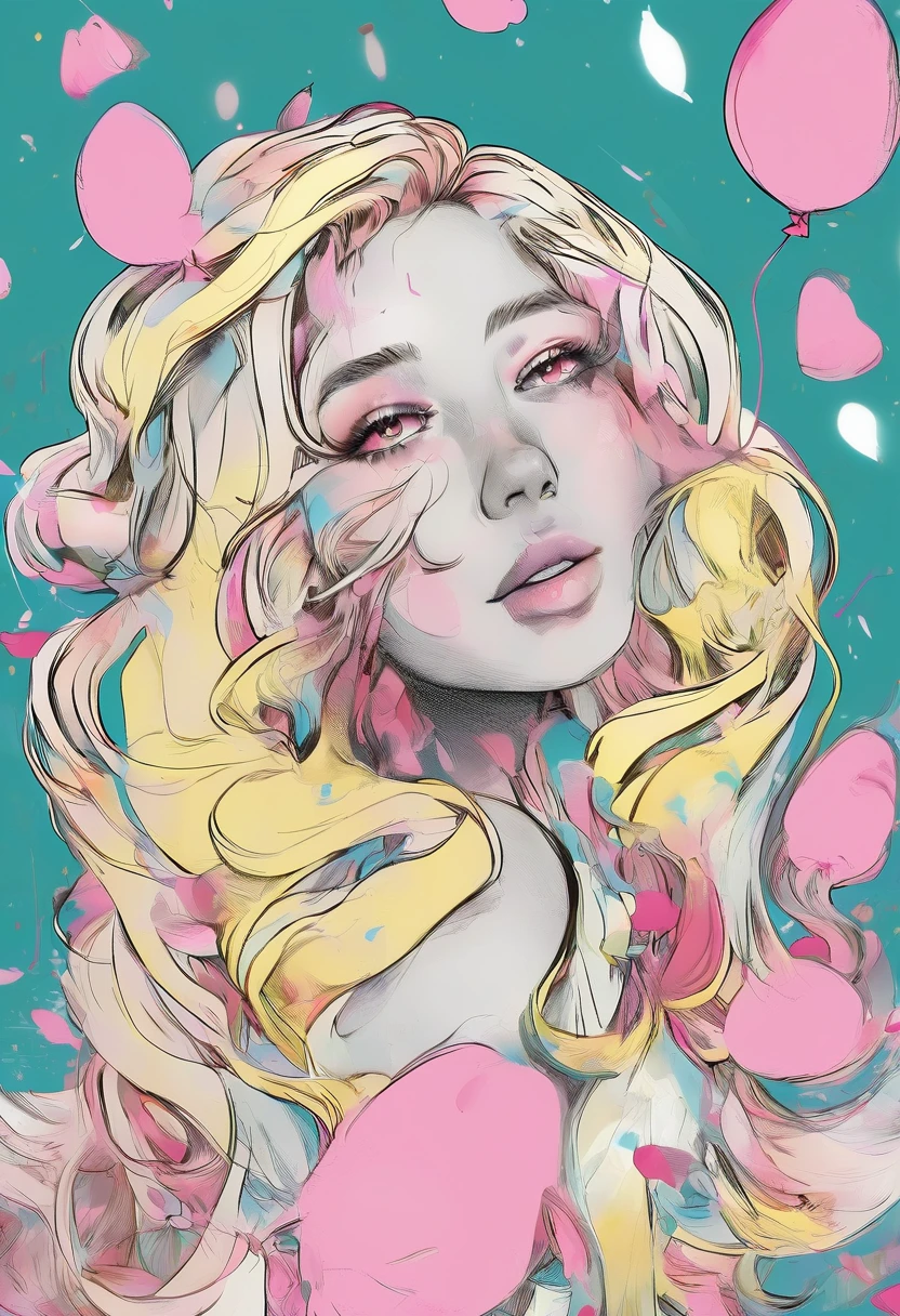 Beautiful face elf、Blonde Long Hair、Pointed Ears、Smiling with teeth showing、The wind is blowing、Background with flying petal balloons、Extremely deep background、Golden Ratio、Golden Ratio、Light pink hair, Pink Eyes, Pink and white, Cherry leaves, Vibrant colors, White Dress, Paint splashes, Simple Background, Ray Tracing, Wavy Hair、Masterpiece、、 (Unreal Engine 5)、pop surrealism
pop art
drawing